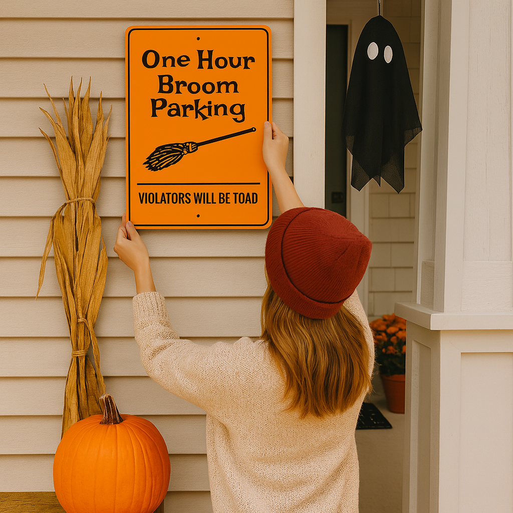 Person hanging a Halloween sign on a house exterior with pumpkins and a ghost decoration.