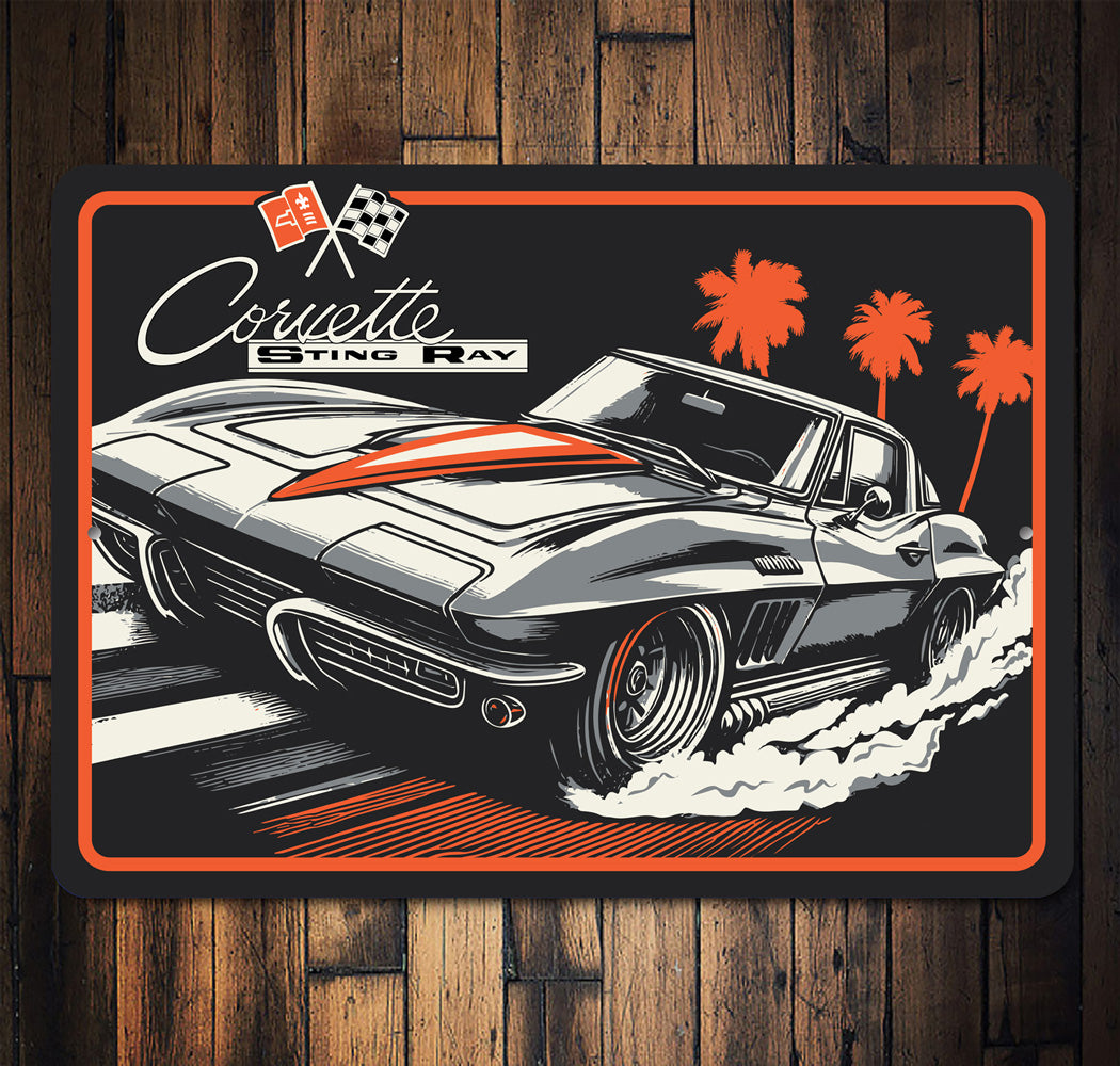 Vintage Corvette Sting Ray Aluminum Sign - Retro Style