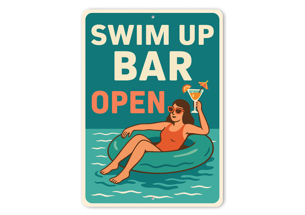 Swim-Up Bar Open Aluminum Sign Poolside Cocktail Decor