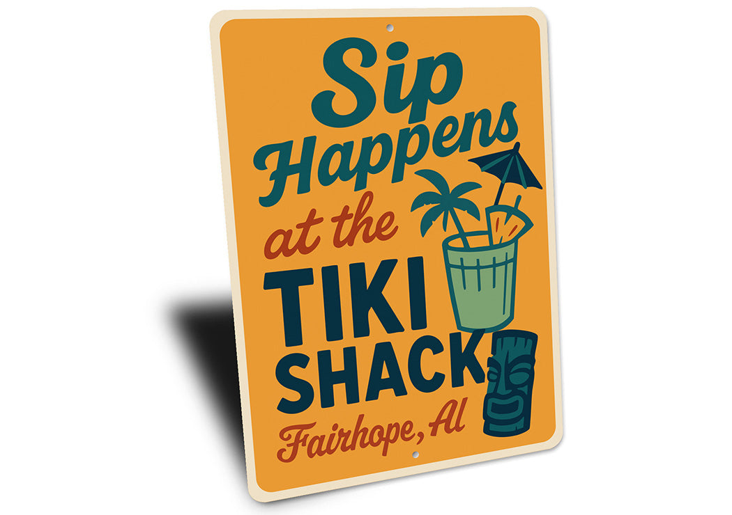 Vintage Sip Happens at the Tiki Shack Aluminum Sign