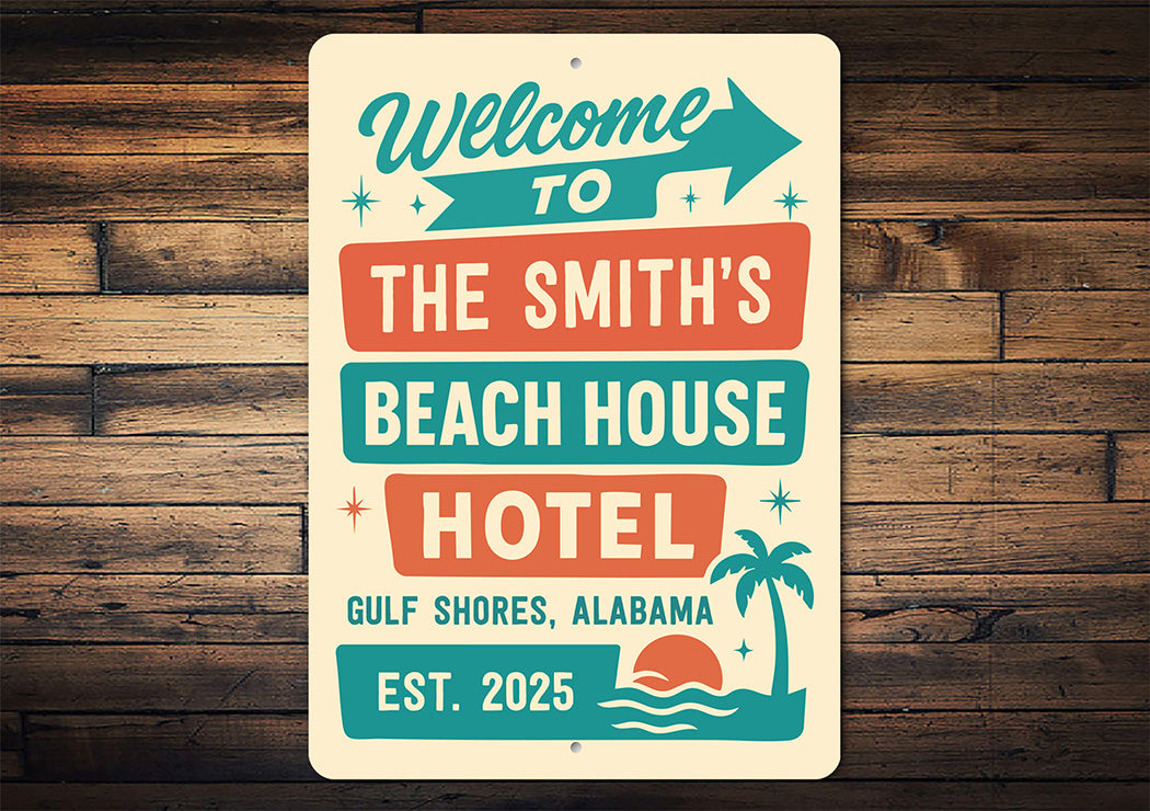 Retro Beach Hotel Metal Sign Personalized Gulf Shores Decor