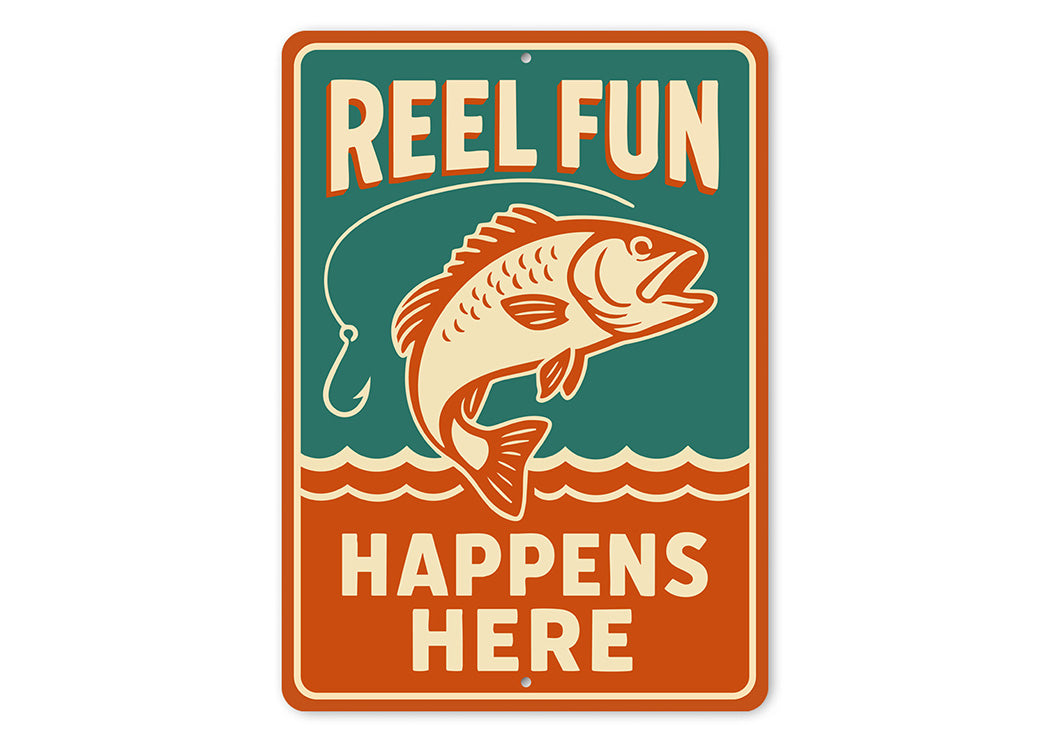 Retro Angler Metal Sign Reel Fun Happens Here Decor