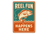 Retro Angler Metal Sign Reel Fun Happens Here Decor