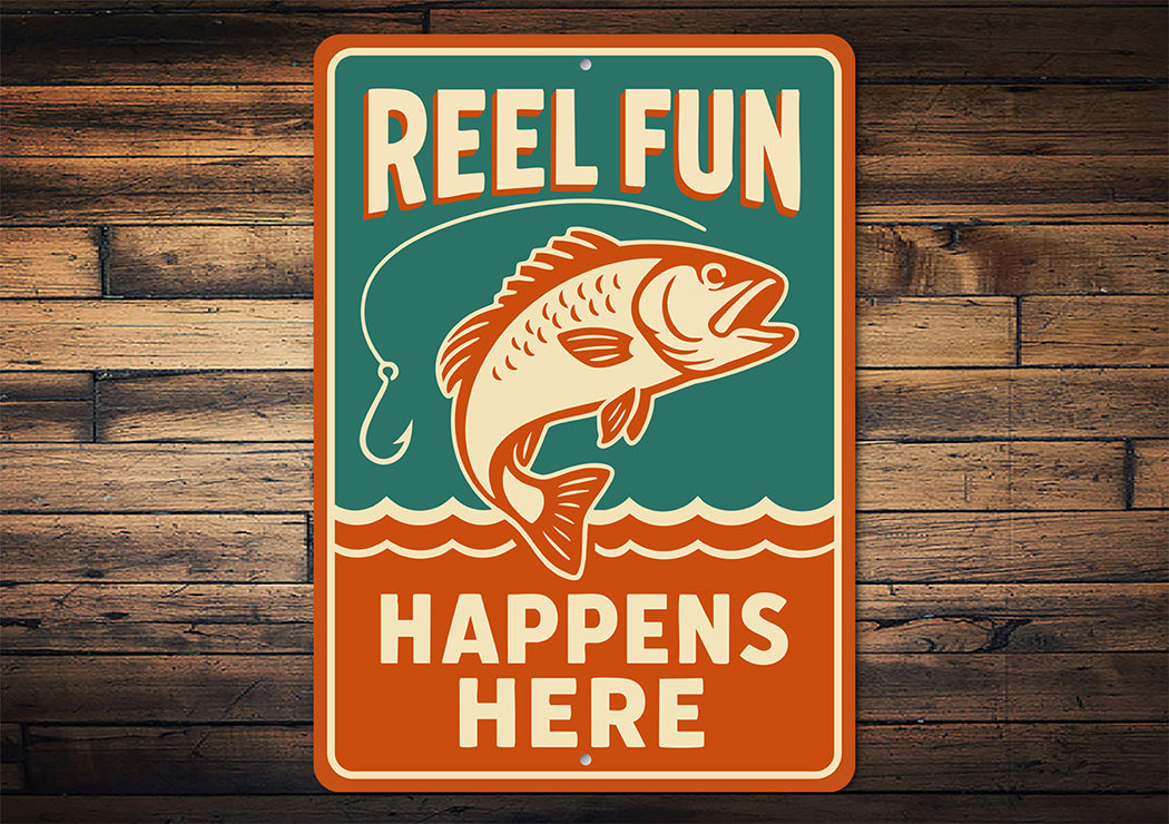 Retro Angler Metal Sign Reel Fun Happens Here Decor