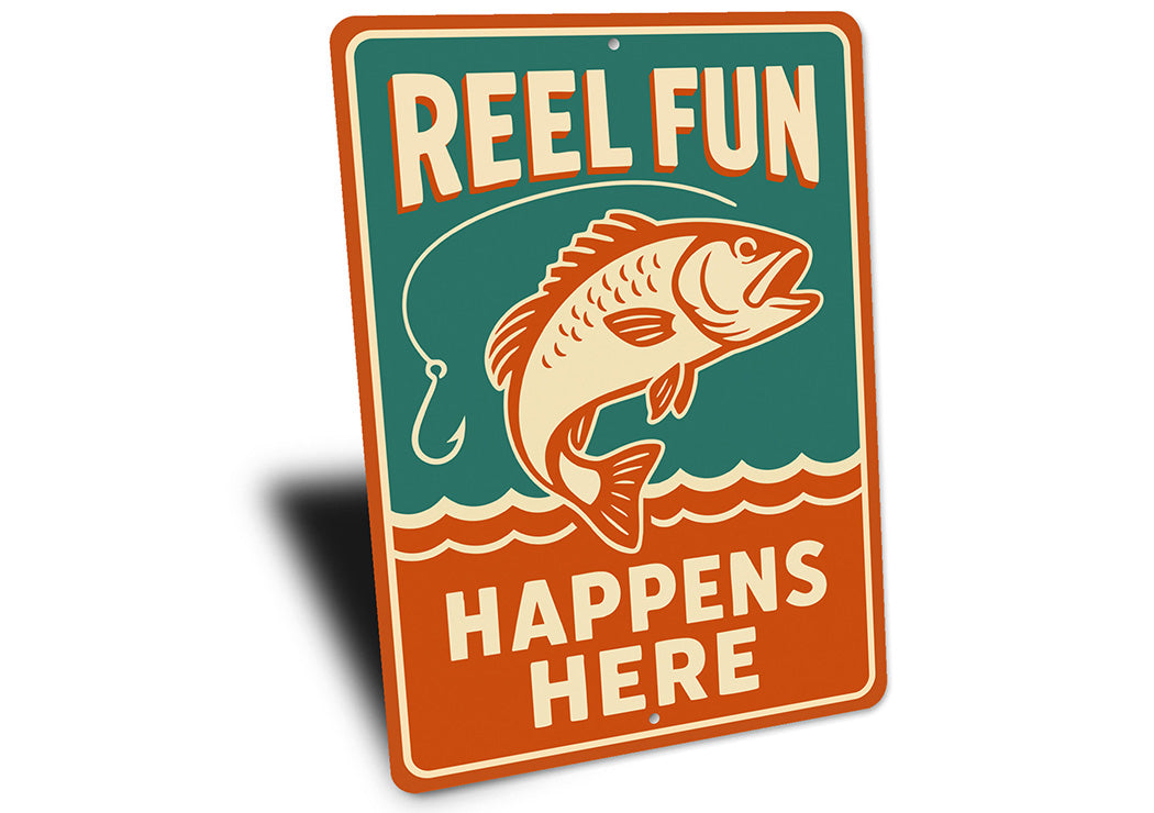 Retro Angler Metal Sign Reel Fun Happens Here Decor