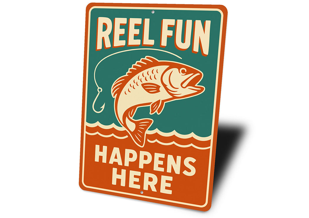 Retro Angler Metal Sign Reel Fun Happens Here Decor