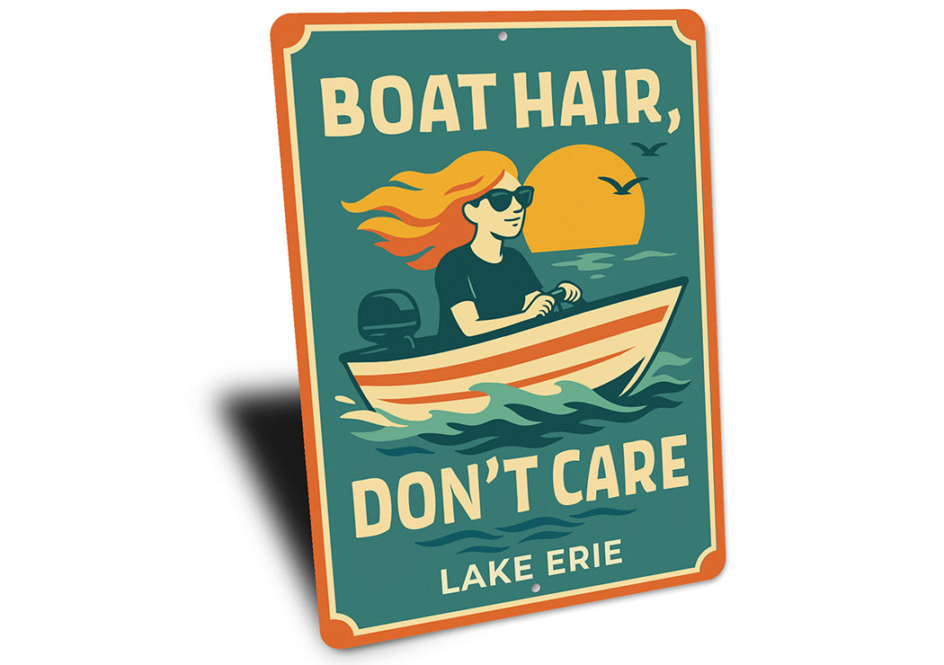 Retro Lake Metal Sign Boat Hair Don't Care Lake Erie Decor