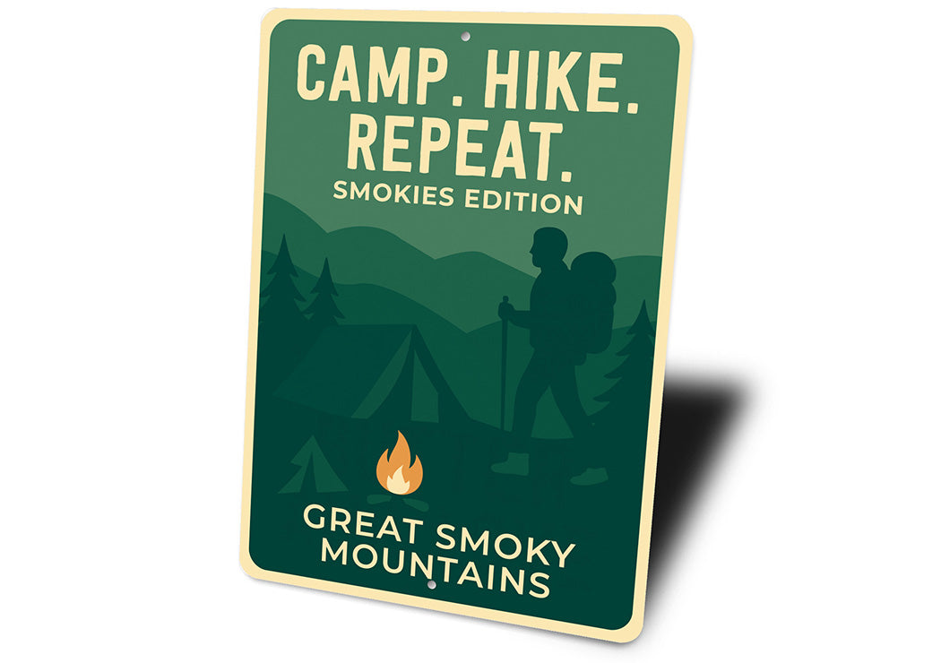 Camp Hike Repeat Sign Smokies Edition Aluminum Decor