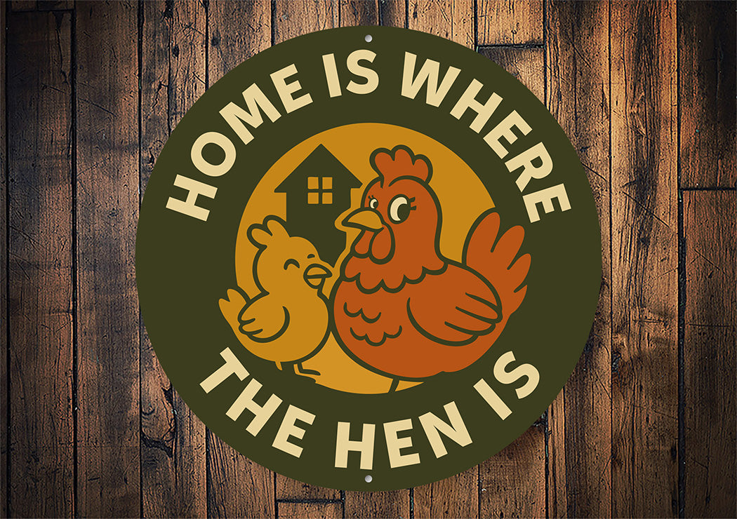 Home Is Where the Hen Is Round Aluminum Sign