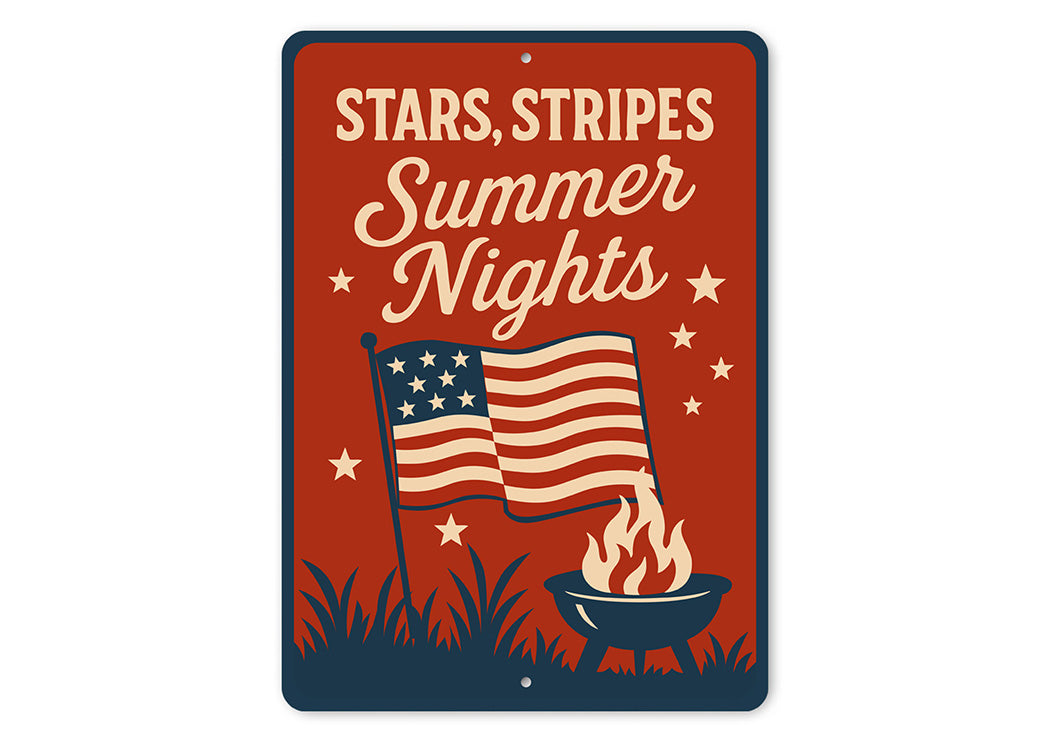 Stars Stripes Summer Nights Aluminum Sign Patriotic Decor