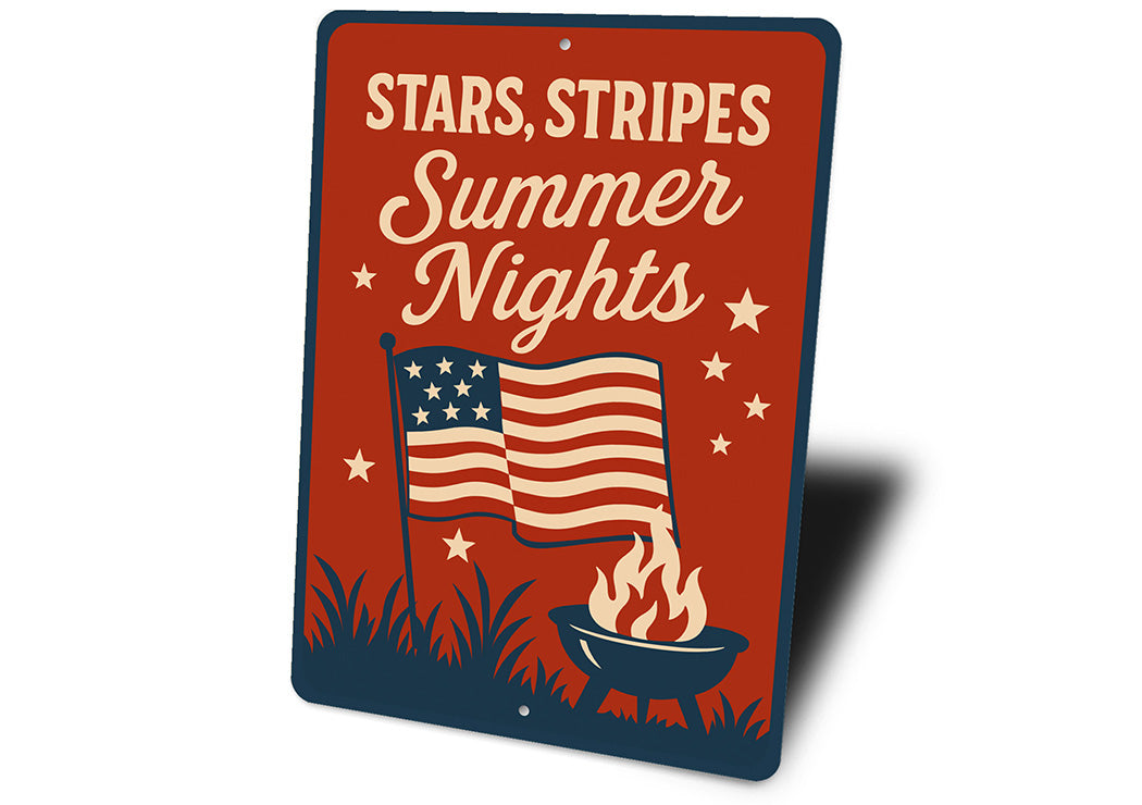 Stars Stripes Summer Nights Aluminum Sign Patriotic Decor