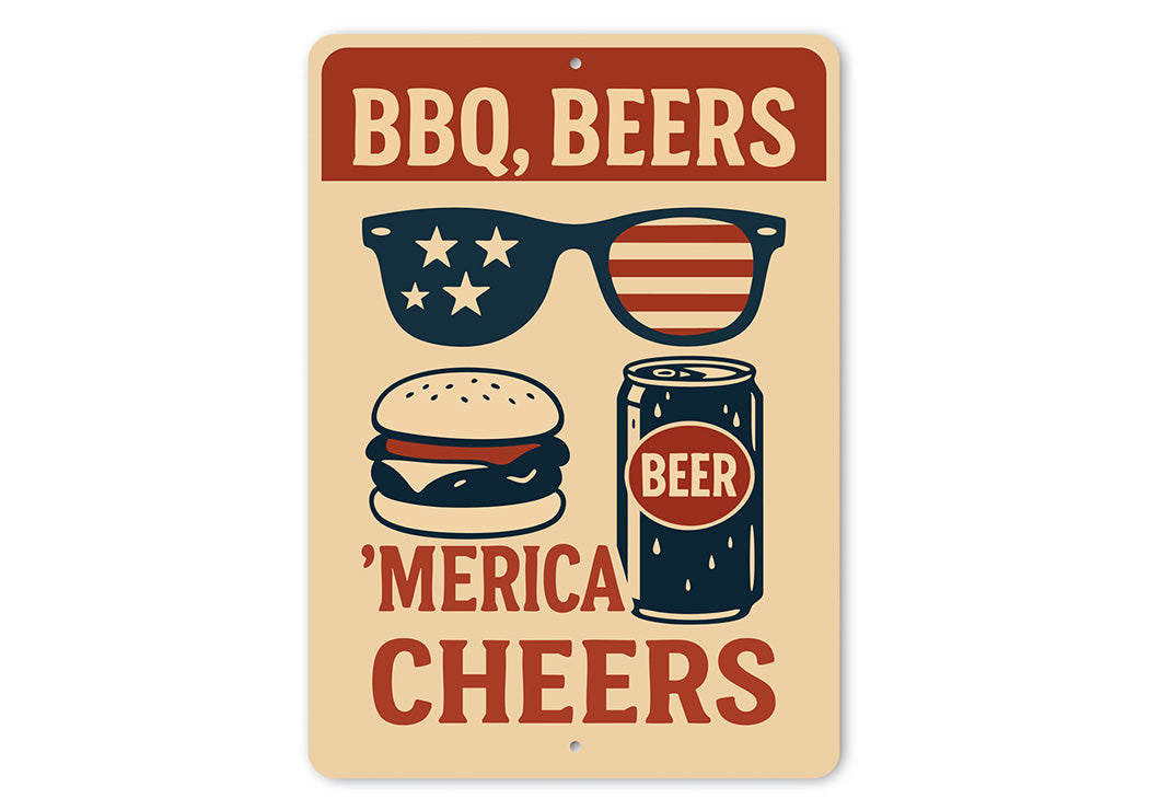 BBQ Beers & Merica Cheers Metal Sign Patriotic Party Decor