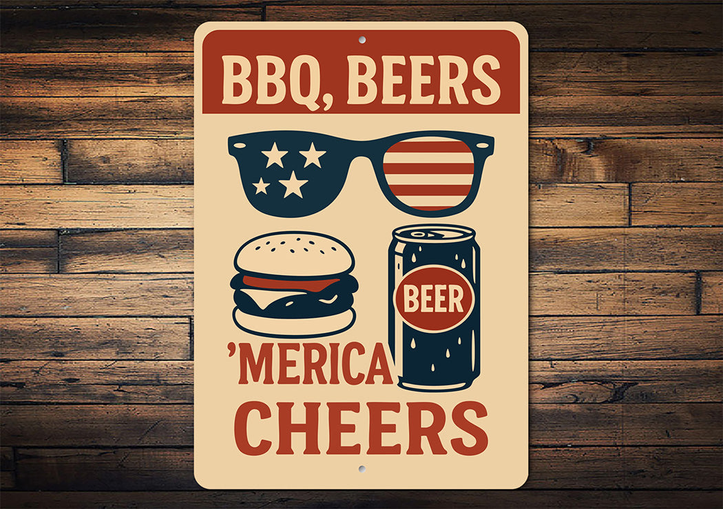 BBQ Beers & Merica Cheers Metal Sign Patriotic Party Decor