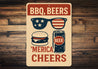 BBQ Beers & Merica Cheers Metal Sign Patriotic Party Decor