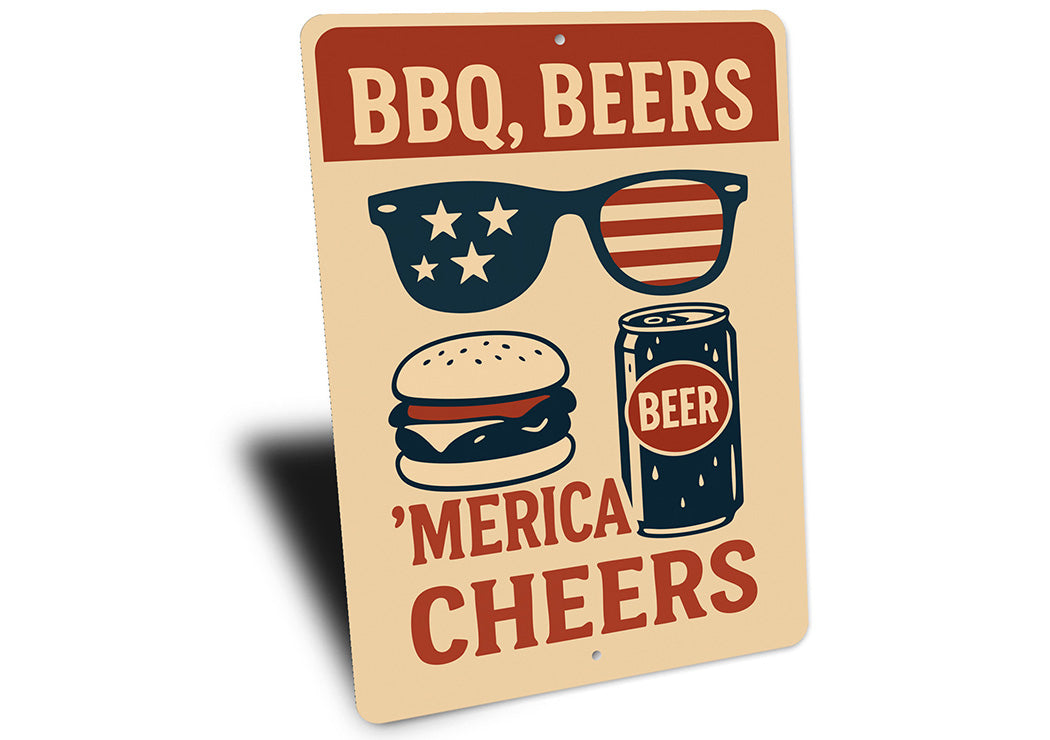 BBQ Beers & Merica Cheers Metal Sign Patriotic Party Decor