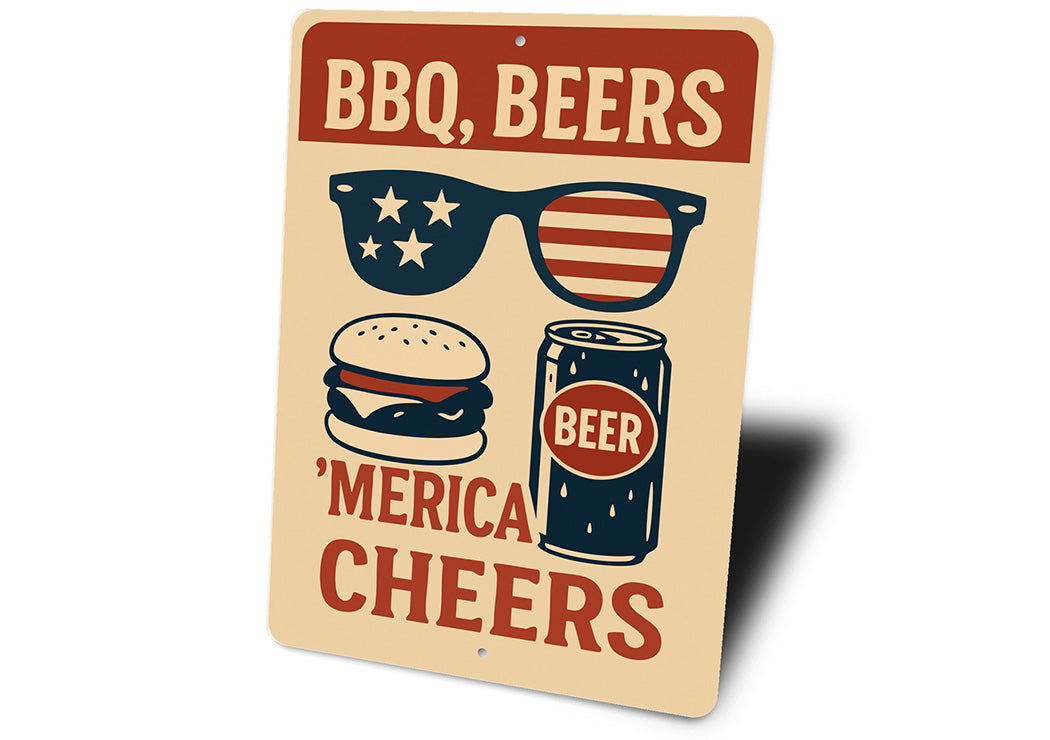 BBQ Beers & Merica Cheers Metal Sign Patriotic Party Decor