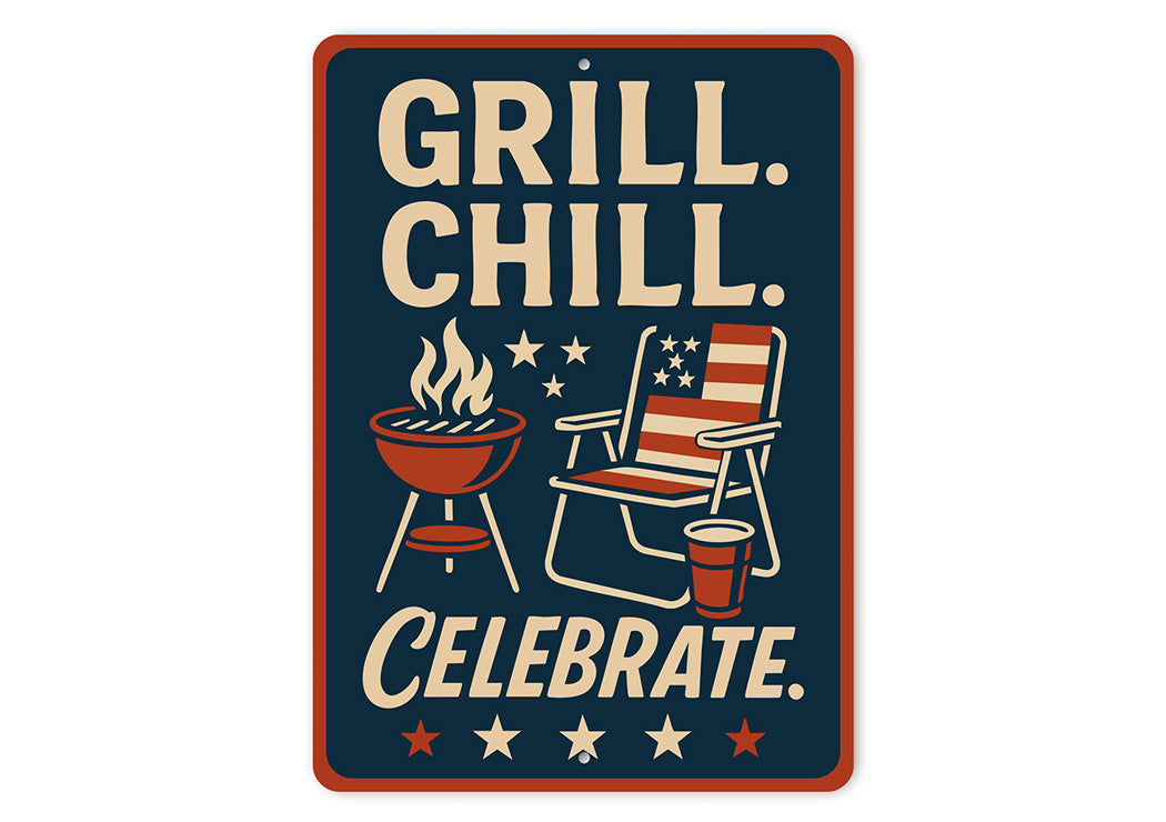 Grill Chill Celebrate Metal Sign Backyard BBQ Party Decor