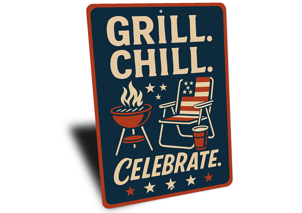 Grill Chill Celebrate Metal Sign Backyard BBQ Party Decor