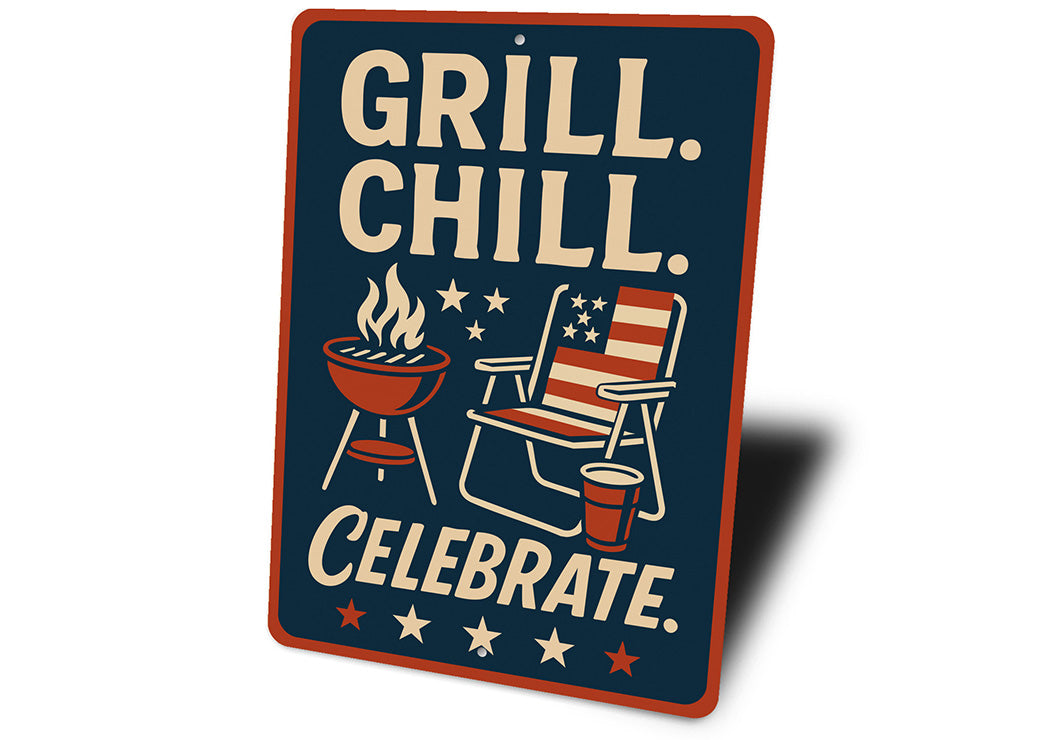 Grill Chill Celebrate Metal Sign Backyard BBQ Party Decor