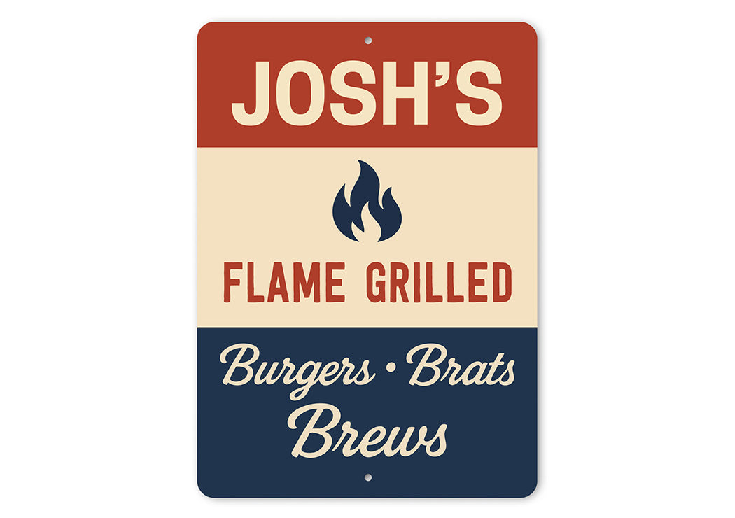 Personalized Flame Grilled Burgers Brats Brews Metal Sign