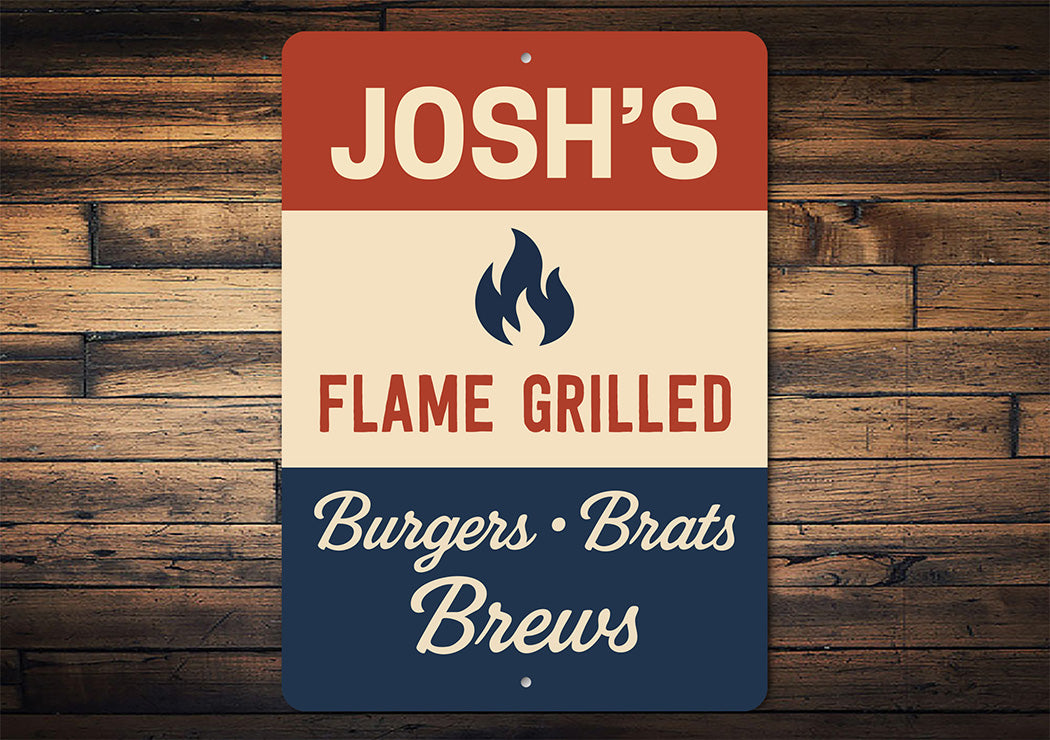 Personalized Flame Grilled Burgers Brats Brews Metal Sign
