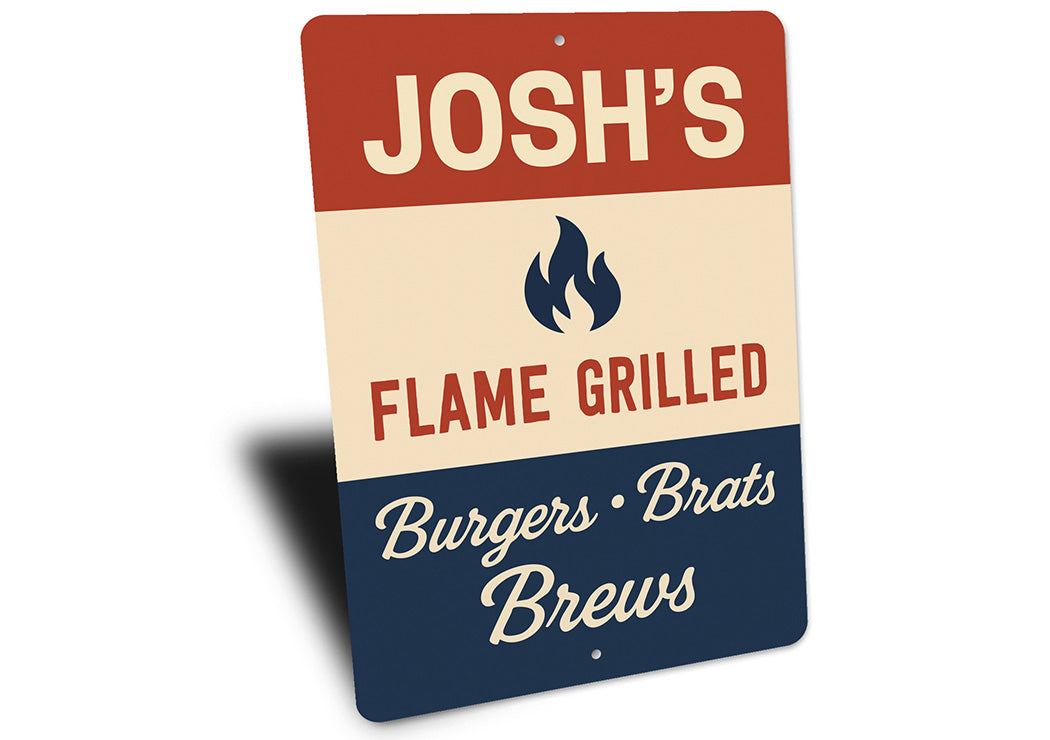 Personalized Flame Grilled Burgers Brats Brews Metal Sign