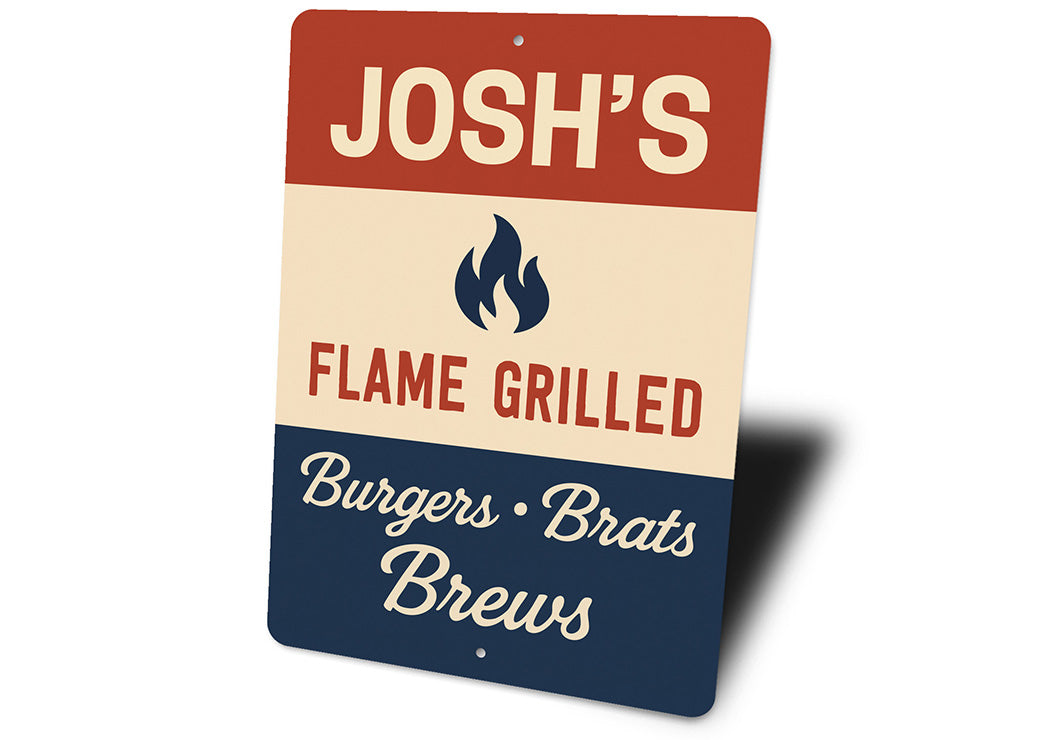 Personalized Flame Grilled Burgers Brats Brews Metal Sign