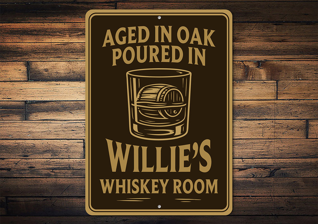 Aged in Oak, Poured in Personalized Whiskey Room Sign