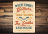 Where Family Gathers Time Slows Lakehouse Aluminum Sign