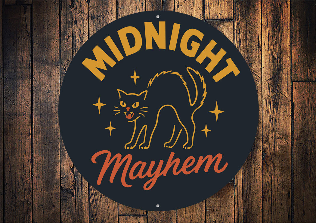 Midnight Mayhem Black Feline Hissing Cat Round Sign