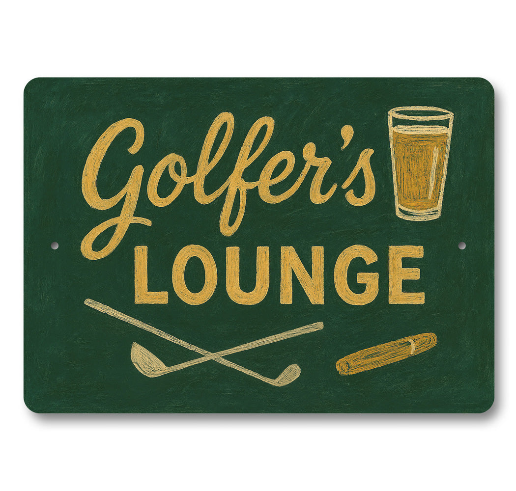 Golfer's Lounge Chalk Drawing Golf Clubs Cigars Sign