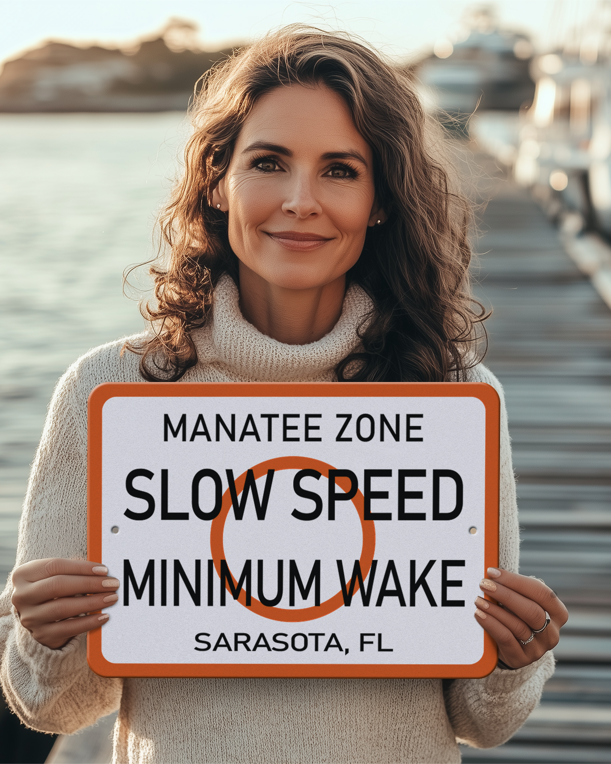 Slow Speed Minimum Wake Manatee Zone Sign – Custom aluminum sign with bold text, orange border, and pre-drilled holes for easy mounting