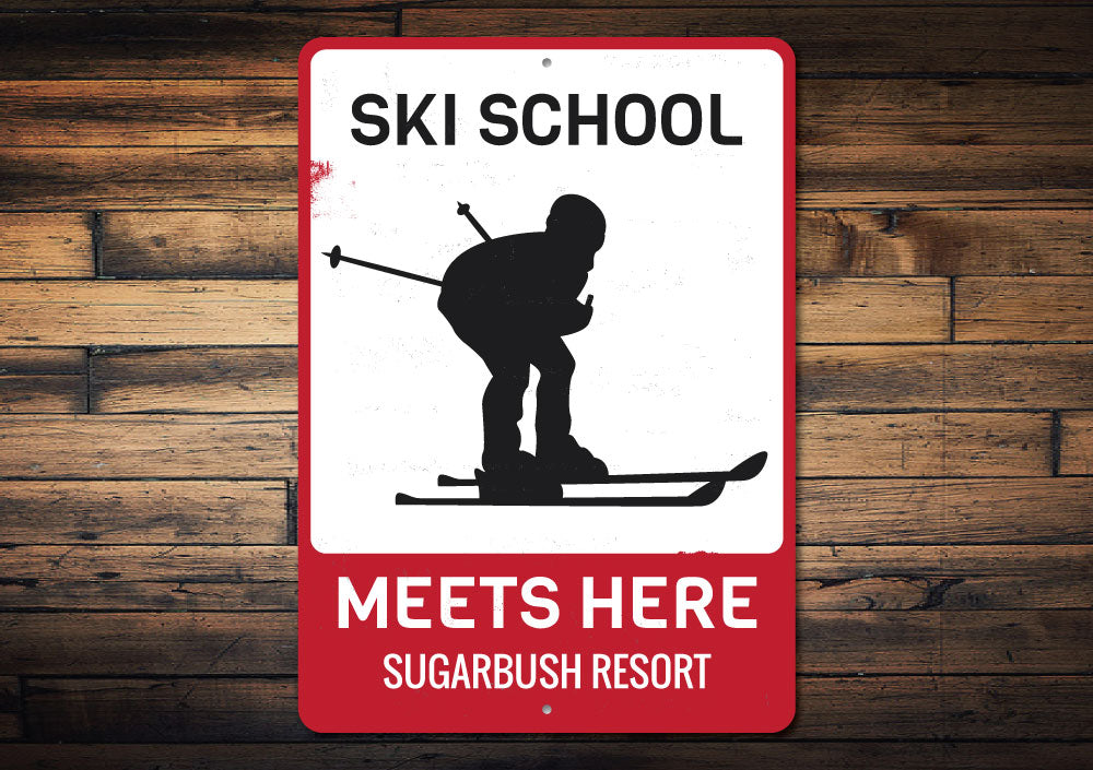 Ski School Meets Here Sign