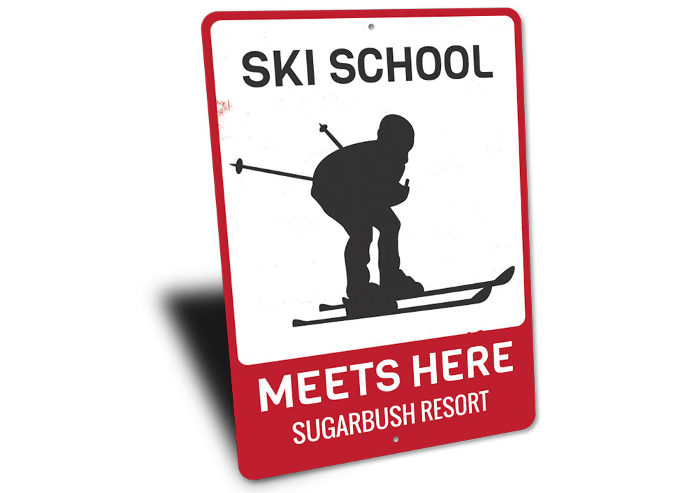 Ski School Meets Here Sign