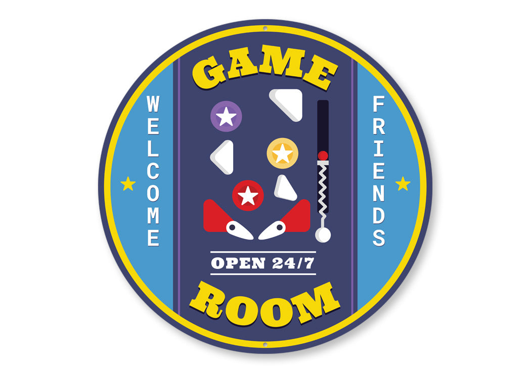 Game Room Open 24/7 Pinball Circle Sign