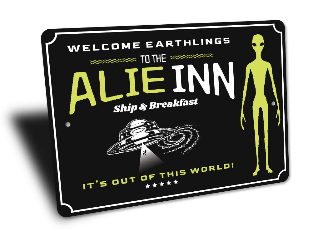 Welcome Earthlings Alie Inn Spaceship Decor Metal Sign