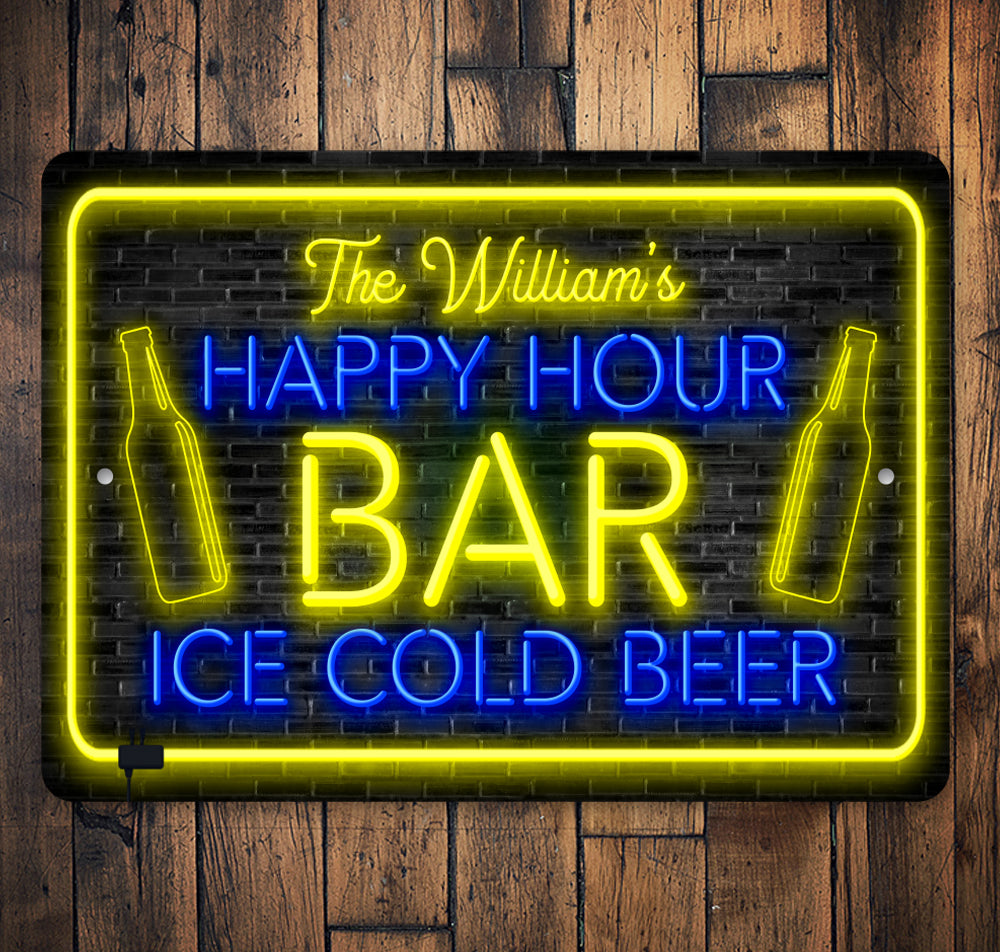 Personalized Neon Happy Hour Ice Cold Beer Bar Sign